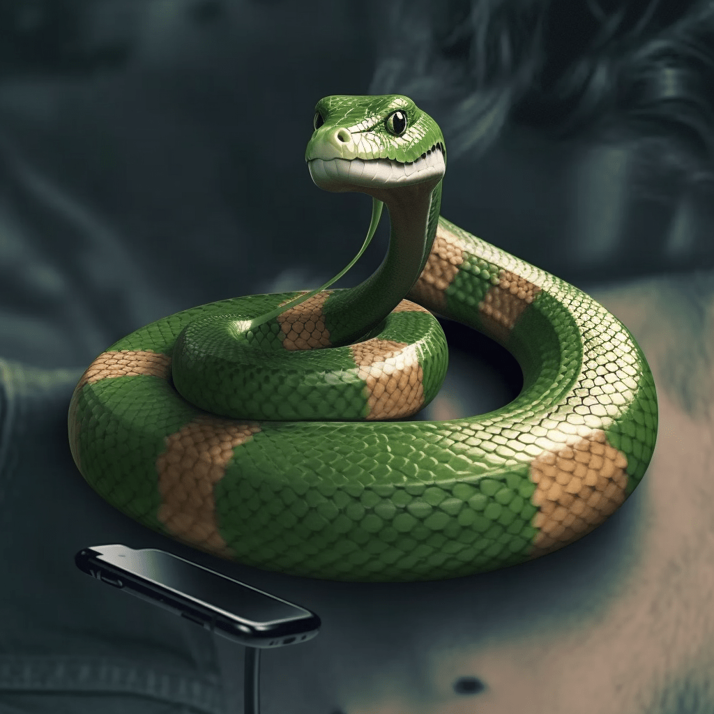 A snake sitting next to a mobile phone